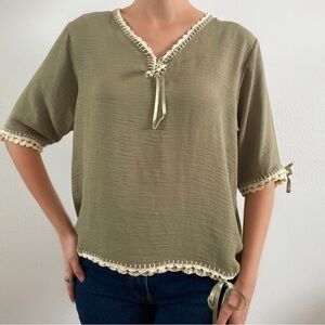 Vintage olive green sage boho blouse top crochet cottage medium large